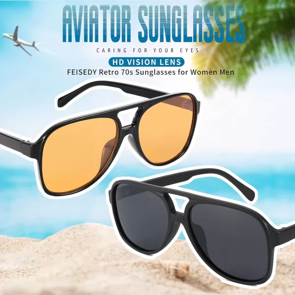 FEISEDY Vintage Retro 70s Plastic Aviator Sunglasses Women Men Classic Large Squared Frame B2751Polarized Yellow