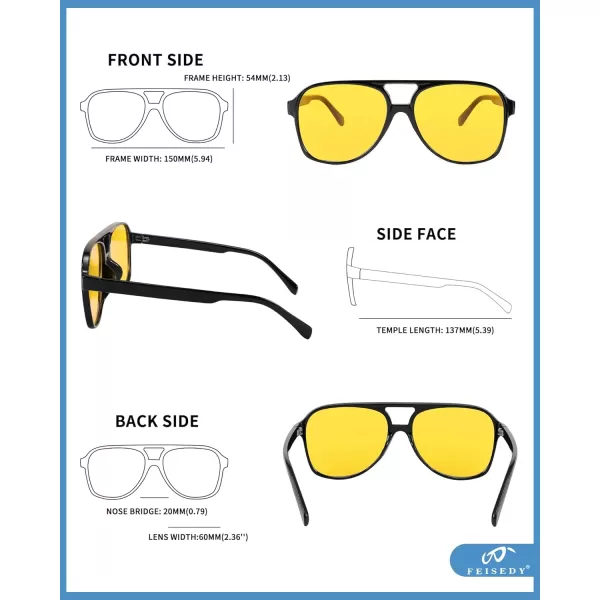 FEISEDY Vintage Retro 70s Plastic Aviator Sunglasses Women Men Classic Large Squared Frame B2751Polarized Yellow