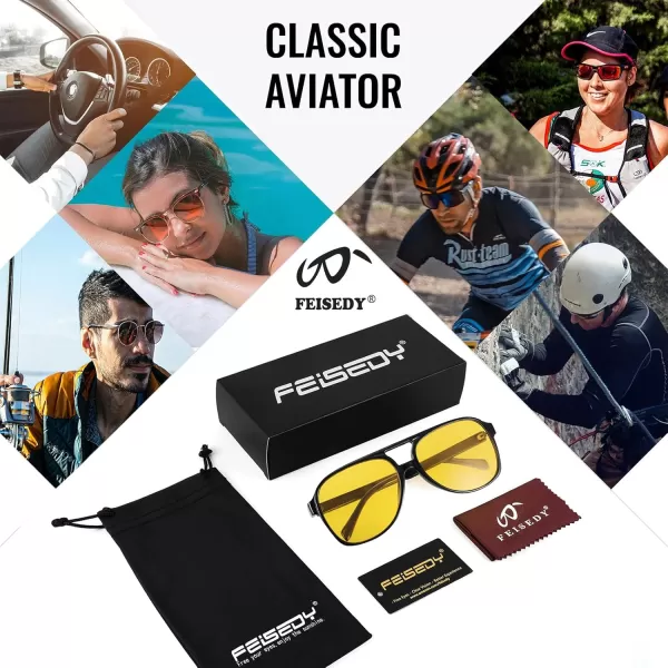 FEISEDY Vintage Retro 70s Plastic Aviator Sunglasses Women Men Classic Large Squared Frame B2751Polarized Yellow