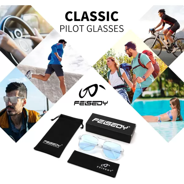 FEISEDY Vintage Retro 70s Plastic Aviator Sunglasses Women Men Classic Large Squared Frame B2751Transparent Frame  Blue Lens