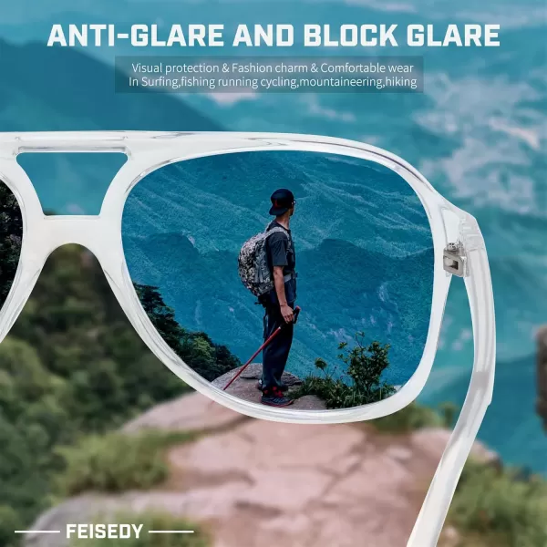 FEISEDY Vintage Retro 70s Plastic Aviator Sunglasses Women Men Classic Large Squared Frame B2751Transparent Frame  Blue Lens