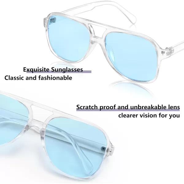 FEISEDY Vintage Retro 70s Plastic Aviator Sunglasses Women Men Classic Large Squared Frame B2751Transparent Frame  Blue Lens
