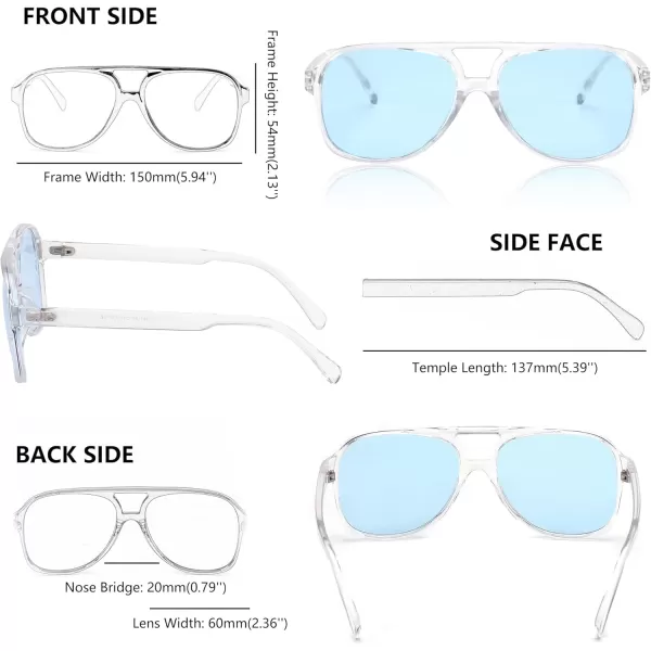 FEISEDY Vintage Retro 70s Plastic Aviator Sunglasses Women Men Classic Large Squared Frame B2751Transparent Frame  Blue Lens