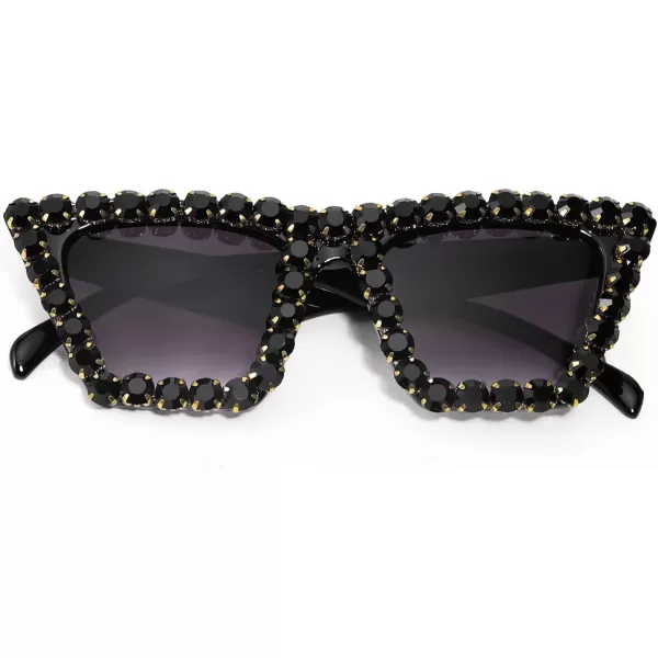 FEISEDY Women Crystal Square Cat Eye Sunglasses Sparkling Trendy Retro Cateye Sunglasses B2898Black