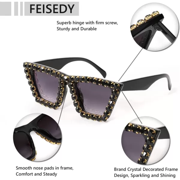 FEISEDY Women Crystal Square Cat Eye Sunglasses Sparkling Trendy Retro Cateye Sunglasses B2898Black