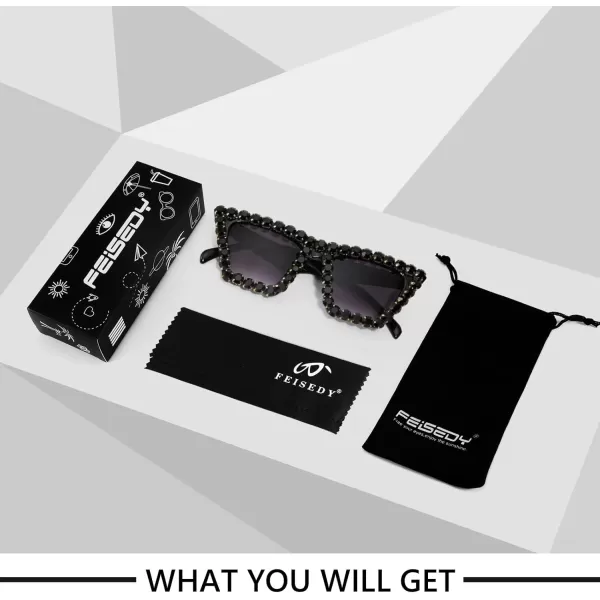FEISEDY Women Crystal Square Cat Eye Sunglasses Sparkling Trendy Retro Cateye Sunglasses B2898Black