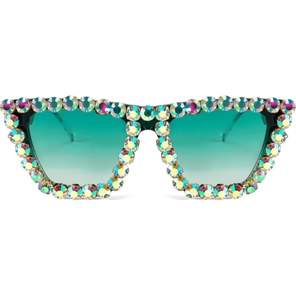 FEISEDY Women Crystal Square Cat Eye Sunglasses Sparkling Trendy Retro Cateye Sunglasses B2898Blackish Green