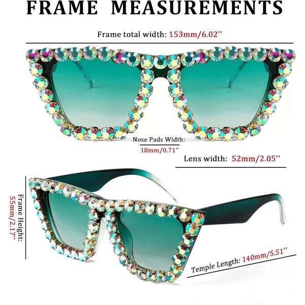 FEISEDY Women Crystal Square Cat Eye Sunglasses Sparkling Trendy Retro Cateye Sunglasses B2898Blackish Green