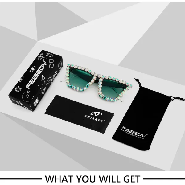 FEISEDY Women Crystal Square Cat Eye Sunglasses Sparkling Trendy Retro Cateye Sunglasses B2898Blackish Green