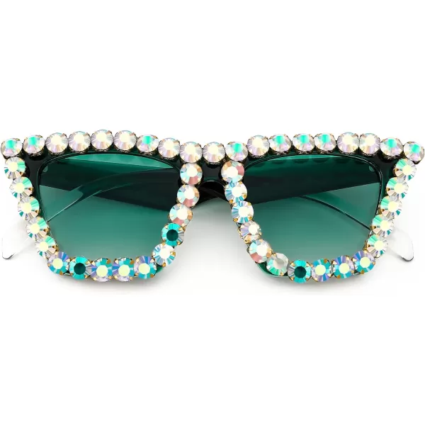 FEISEDY Women Crystal Square Cat Eye Sunglasses Sparkling Trendy Retro Cateye Sunglasses B2898Blackish Green