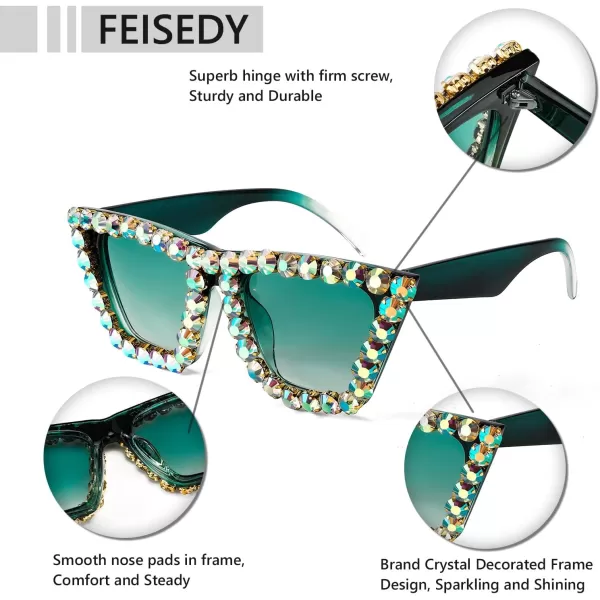 FEISEDY Women Crystal Square Cat Eye Sunglasses Sparkling Trendy Retro Cateye Sunglasses B2898Blackish Green