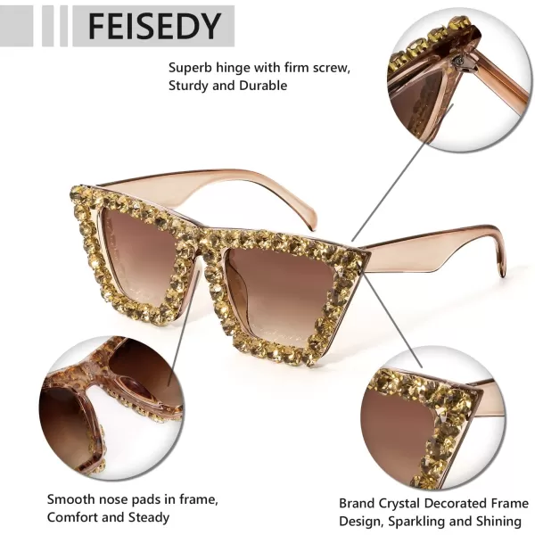 FEISEDY Women Crystal Square Cat Eye Sunglasses Sparkling Trendy Retro Cateye Sunglasses B2898Champagne