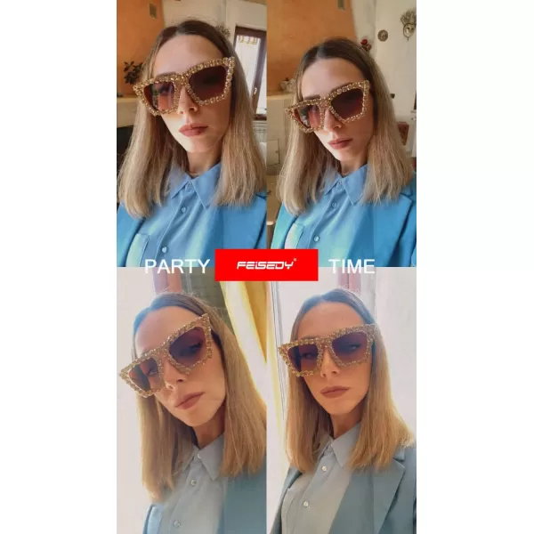 FEISEDY Women Crystal Square Cat Eye Sunglasses Sparkling Trendy Retro Cateye Sunglasses B2898Champagne