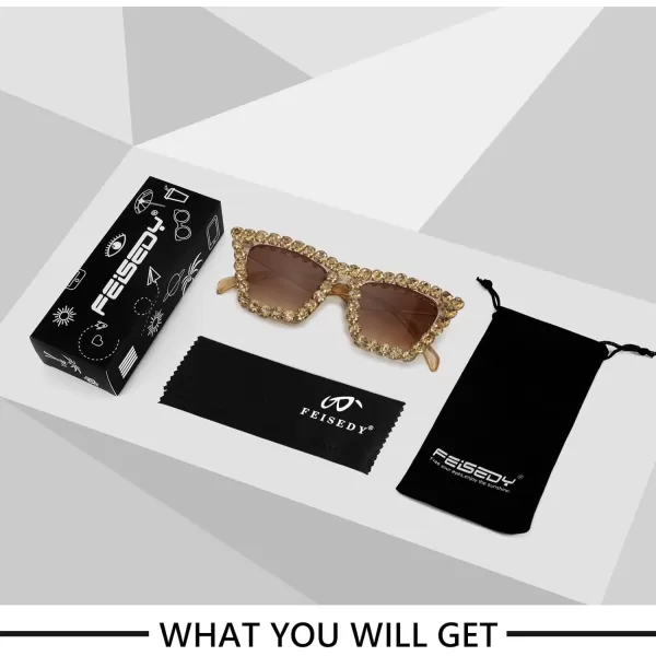 FEISEDY Women Crystal Square Cat Eye Sunglasses Sparkling Trendy Retro Cateye Sunglasses B2898Champagne