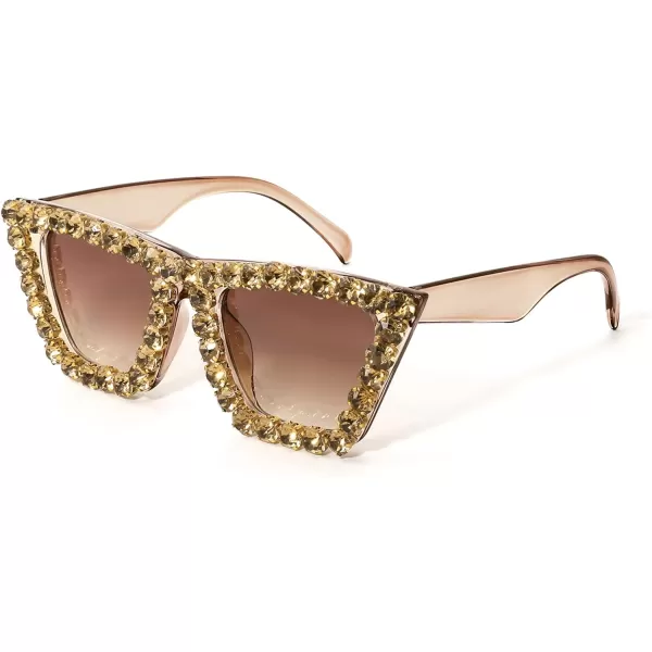 FEISEDY Women Crystal Square Cat Eye Sunglasses Sparkling Trendy Retro Cateye Sunglasses B2898Champagne