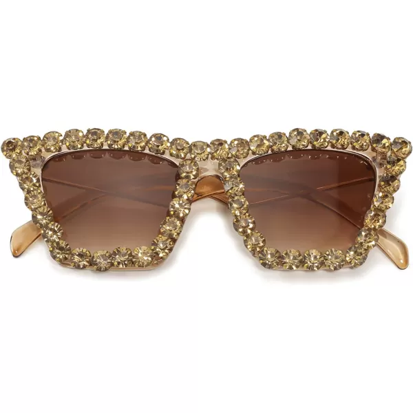 FEISEDY Women Crystal Square Cat Eye Sunglasses Sparkling Trendy Retro Cateye Sunglasses B2898Champagne