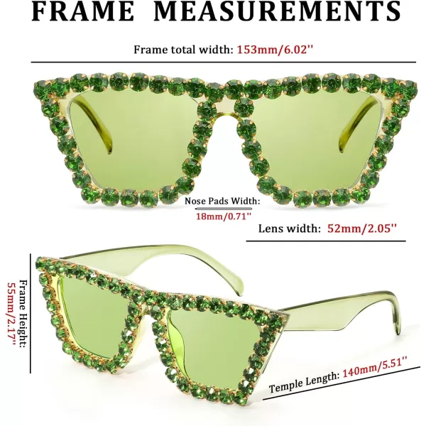 FEISEDY Women Crystal Square Cat Eye Sunglasses Sparkling Trendy Retro Cateye Sunglasses B2898Green
