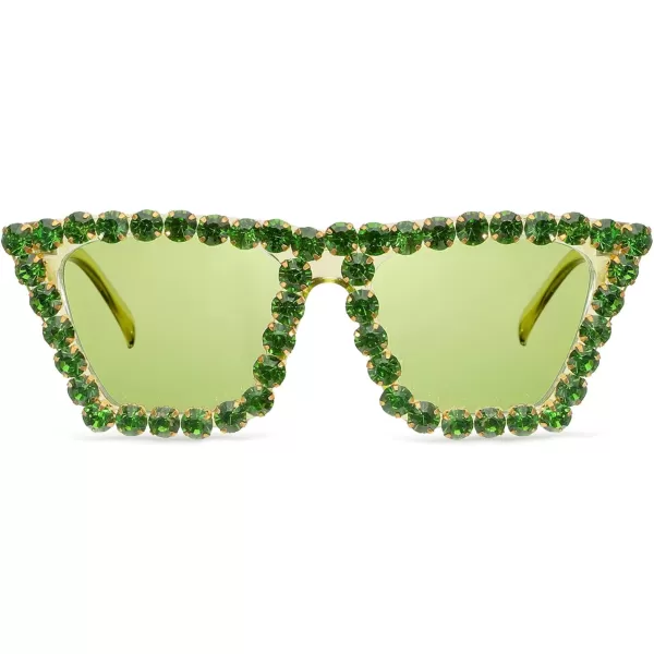 FEISEDY Women Crystal Square Cat Eye Sunglasses Sparkling Trendy Retro Cateye Sunglasses B2898Green