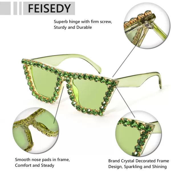 FEISEDY Women Crystal Square Cat Eye Sunglasses Sparkling Trendy Retro Cateye Sunglasses B2898Green