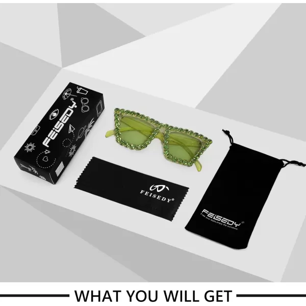FEISEDY Women Crystal Square Cat Eye Sunglasses Sparkling Trendy Retro Cateye Sunglasses B2898Green
