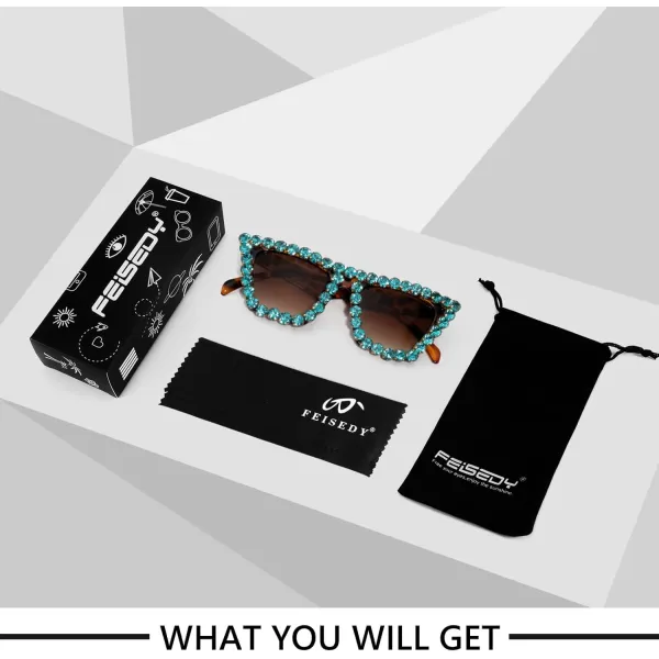 FEISEDY Women Crystal Square Cat Eye Sunglasses Sparkling Trendy Retro Cateye Sunglasses B2898Leopard