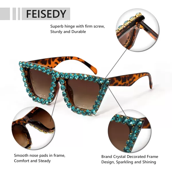 FEISEDY Women Crystal Square Cat Eye Sunglasses Sparkling Trendy Retro Cateye Sunglasses B2898Leopard