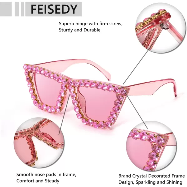 FEISEDY Women Crystal Square Cat Eye Sunglasses Sparkling Trendy Retro Cateye Sunglasses B2898Pink