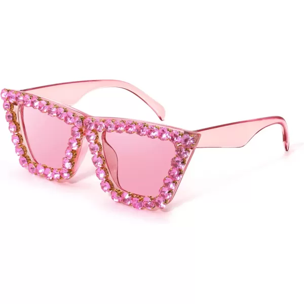 FEISEDY Women Crystal Square Cat Eye Sunglasses Sparkling Trendy Retro Cateye Sunglasses B2898Pink
