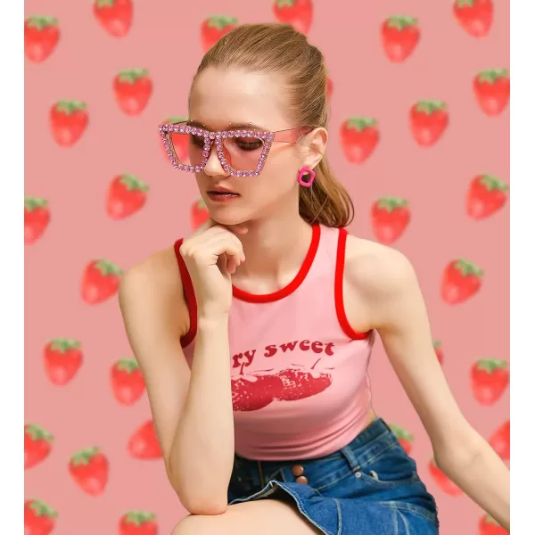 FEISEDY Women Crystal Square Cat Eye Sunglasses Sparkling Trendy Retro Cateye Sunglasses B2898Pink