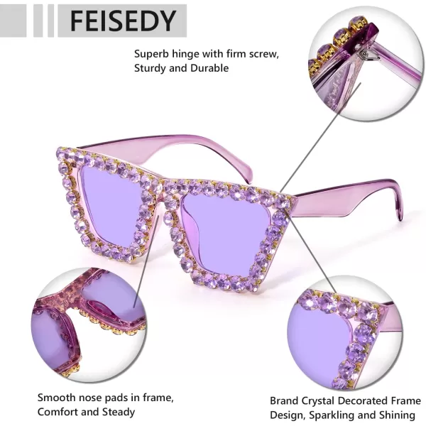 FEISEDY Women Crystal Square Cat Eye Sunglasses Sparkling Trendy Retro Cateye Sunglasses B2898Purple