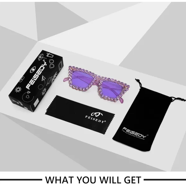 FEISEDY Women Crystal Square Cat Eye Sunglasses Sparkling Trendy Retro Cateye Sunglasses B2898Purple