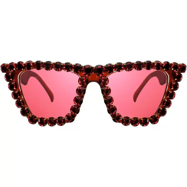 FEISEDY Women Crystal Square Cat Eye Sunglasses Sparkling Trendy Retro Cateye Sunglasses B2898Red