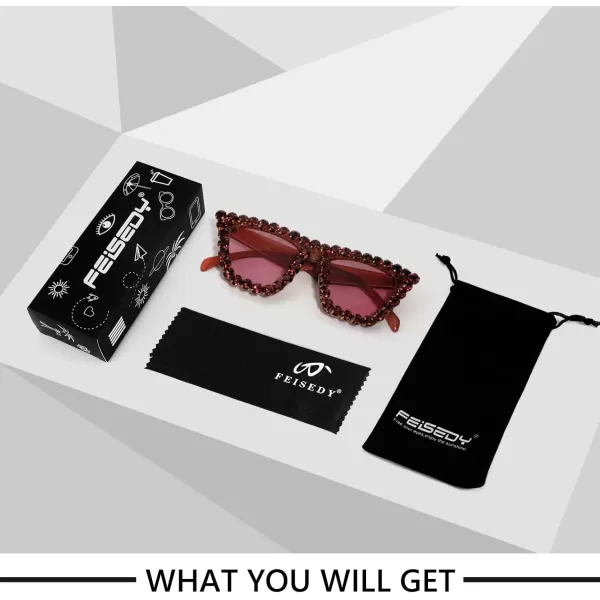 FEISEDY Women Crystal Square Cat Eye Sunglasses Sparkling Trendy Retro Cateye Sunglasses B2898Red