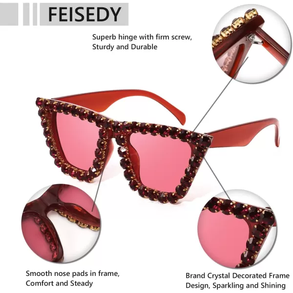 FEISEDY Women Crystal Square Cat Eye Sunglasses Sparkling Trendy Retro Cateye Sunglasses B2898Red