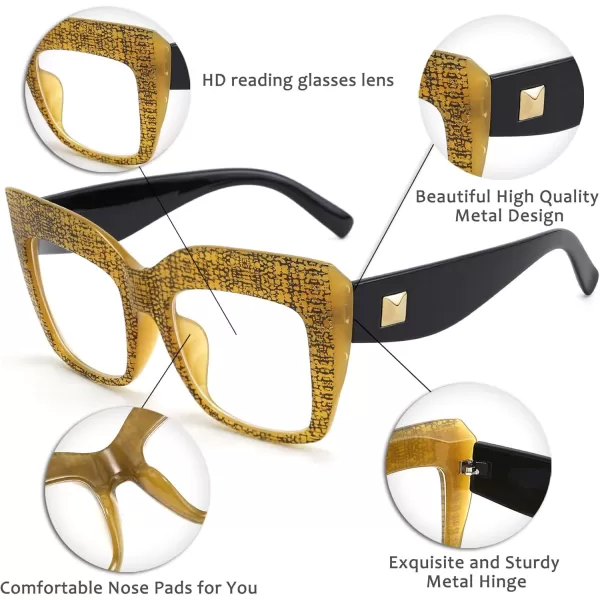 FEISEDY Womens Square Oversized Blue Light Filtering Reading Glasses B2627Yellow Grid