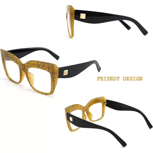 FEISEDY Womens Square Oversized Blue Light Filtering Reading Glasses B2627Yellow Grid