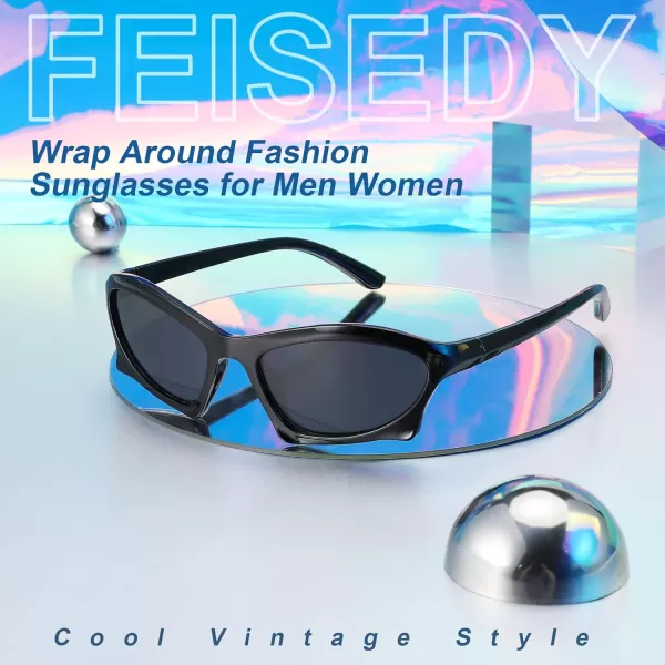 FEISEDY Wrap Around Fashion Sunglasses for Women Men Vintage Trendy Y2K Sunglasses Cool Bat Sport Sun Glasses B2335001 Black FrameGray Lens