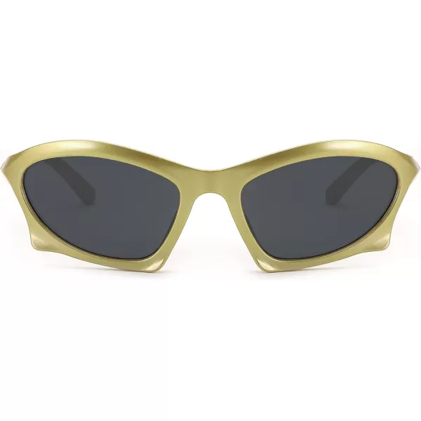 FEISEDY Wrap Around Fashion Sunglasses for Women Men Vintage Trendy Y2K Sunglasses Cool Bat Sport Sun Glasses B2335002 Yellow FrameGray Lens