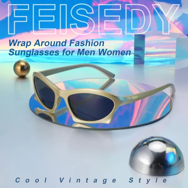 FEISEDY Wrap Around Fashion Sunglasses for Women Men Vintage Trendy Y2K Sunglasses Cool Bat Sport Sun Glasses B2335002 Yellow FrameGray Lens