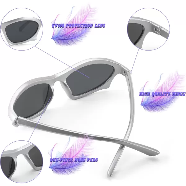 FEISEDY Wrap Around Fashion Sunglasses for Women Men Vintage Trendy Y2K Sunglasses Cool Bat Sport Sun Glasses B2335003 Silver FrameGray Lens