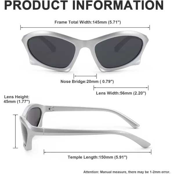 FEISEDY Wrap Around Fashion Sunglasses for Women Men Vintage Trendy Y2K Sunglasses Cool Bat Sport Sun Glasses B2335003 Silver FrameGray Lens