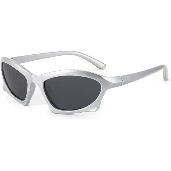 FEISEDY Wrap Around Fashion Sunglasses for Women Men Vintage Trendy Y2K Sunglasses Cool Bat Sport Sun Glasses B2335003 Silver FrameGray Lens