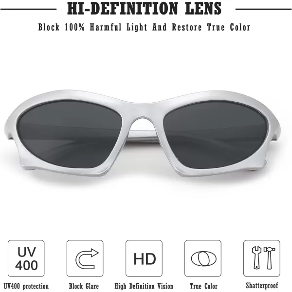 FEISEDY Wrap Around Fashion Sunglasses for Women Men Vintage Trendy Y2K Sunglasses Cool Bat Sport Sun Glasses B2335003 Silver FrameGray Lens