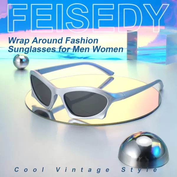 FEISEDY Wrap Around Fashion Sunglasses for Women Men Vintage Trendy Y2K Sunglasses Cool Bat Sport Sun Glasses B2335003 Silver FrameGray Lens
