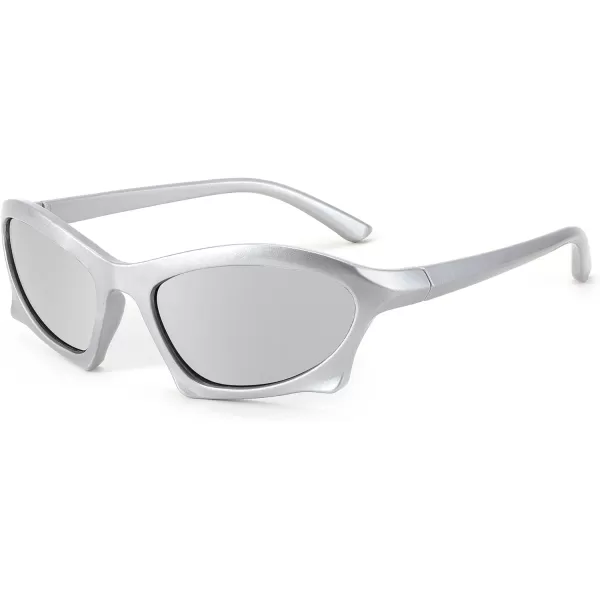 FEISEDY Wrap Around Fashion Sunglasses for Women Men Vintage Trendy Y2K Sunglasses Cool Bat Sport Sun Glasses B2335004 Silver FrameWhite Mirrored Lens