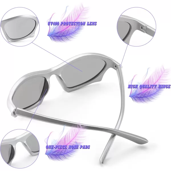 FEISEDY Wrap Around Fashion Sunglasses for Women Men Vintage Trendy Y2K Sunglasses Cool Bat Sport Sun Glasses B2335004 Silver FrameWhite Mirrored Lens