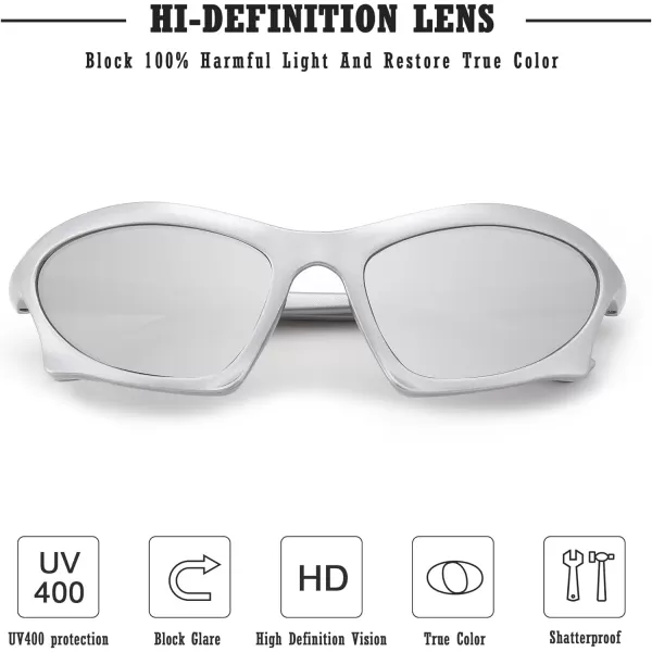 FEISEDY Wrap Around Fashion Sunglasses for Women Men Vintage Trendy Y2K Sunglasses Cool Bat Sport Sun Glasses B2335004 Silver FrameWhite Mirrored Lens