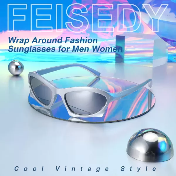 FEISEDY Wrap Around Fashion Sunglasses for Women Men Vintage Trendy Y2K Sunglasses Cool Bat Sport Sun Glasses B2335004 Silver FrameWhite Mirrored Lens
