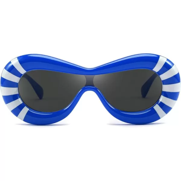 FEISEDY Inflated Oval Sunglasses for Women Men Fashion Oversized Thick Frame Y2K Glasses Funny Aesthetic Shades B9088Blue Stripe