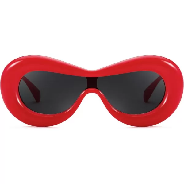FEISEDY Inflated Oval Sunglasses for Women Men Fashion Oversized Thick Frame Y2K Glasses Funny Aesthetic Shades B9088Red